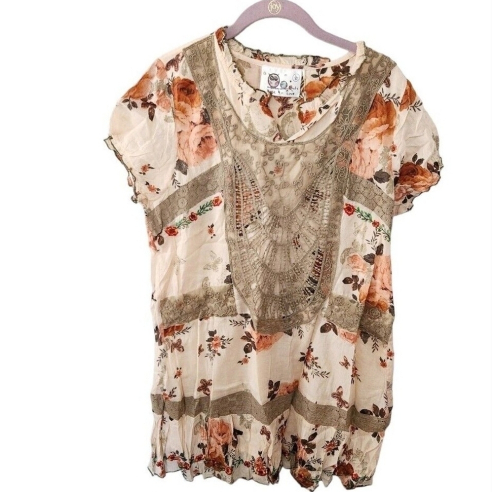 Handmade Spanish Boutique Boho Shirt Dress Brown tunic Crochet lace 70s cotton L